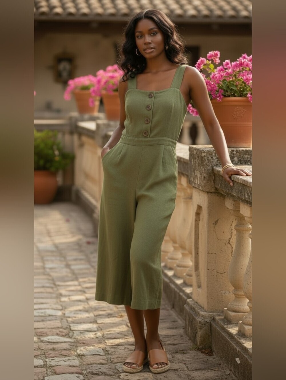 Ann Taylor Factory Olive Green Linen Blend Wide Leg Cropped Jumpsuit Size 8
